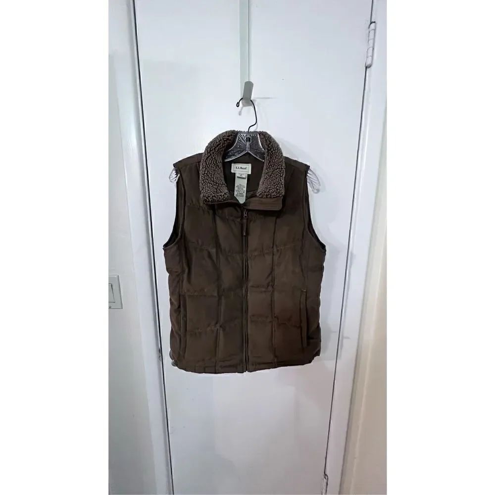 L.L. BEAN BROWN QUILTED ZIP VEST FLEECE COLLAR SIZE M